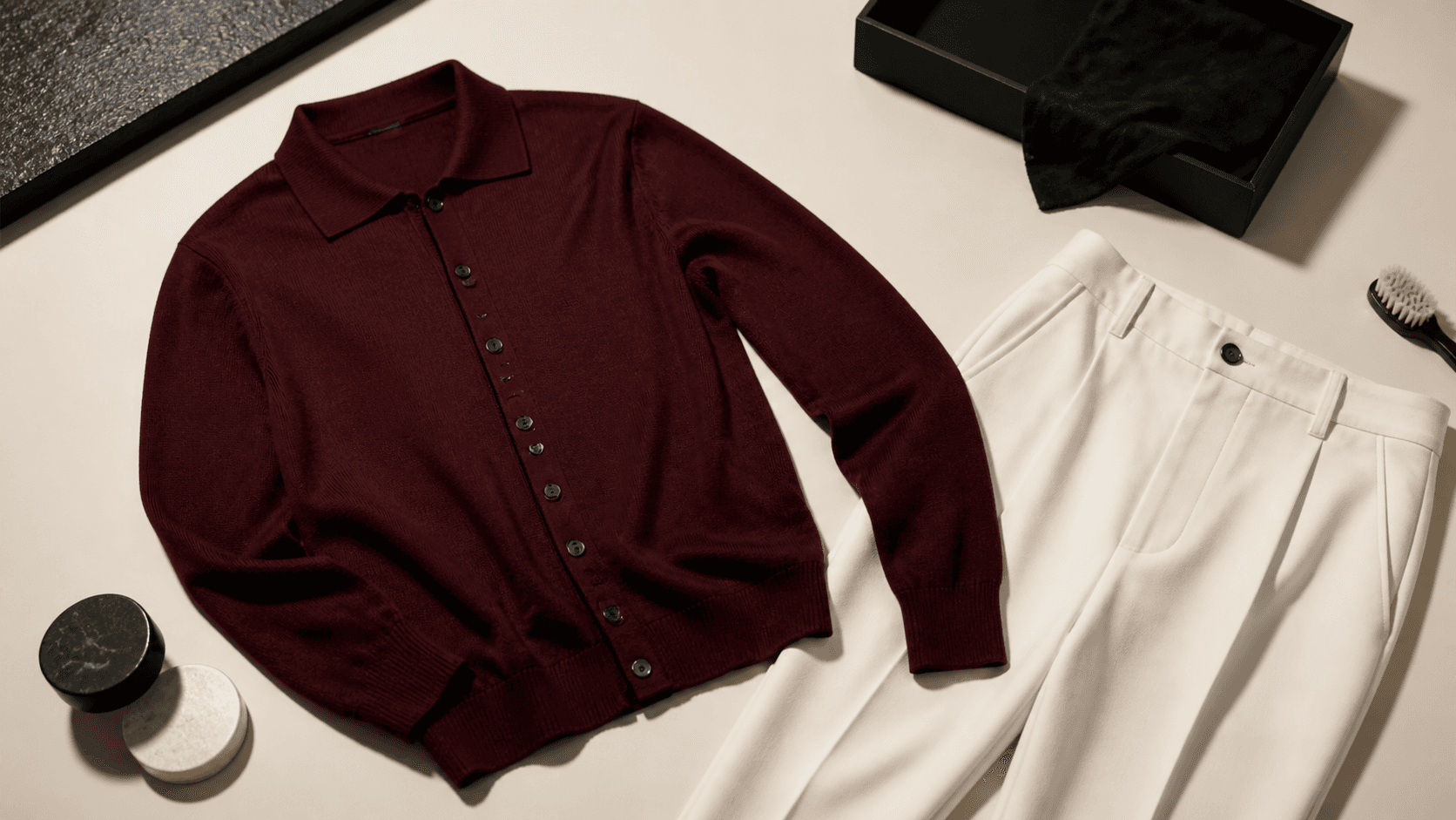Oxblood knit top and ivory trousers arranged for a premium overhead flat-lay shoot