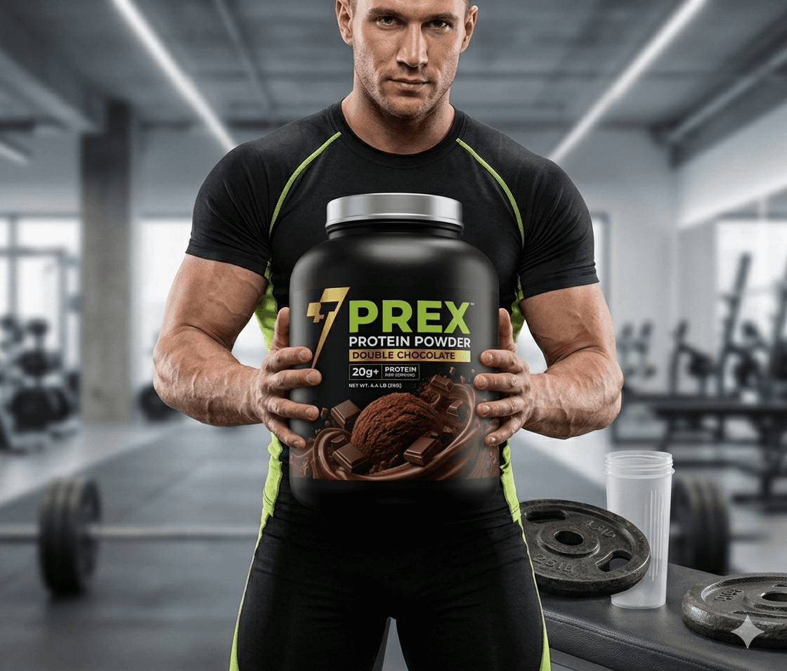 double-chocolate-protein-powder-(2kg) pouring by an athelte in a jar