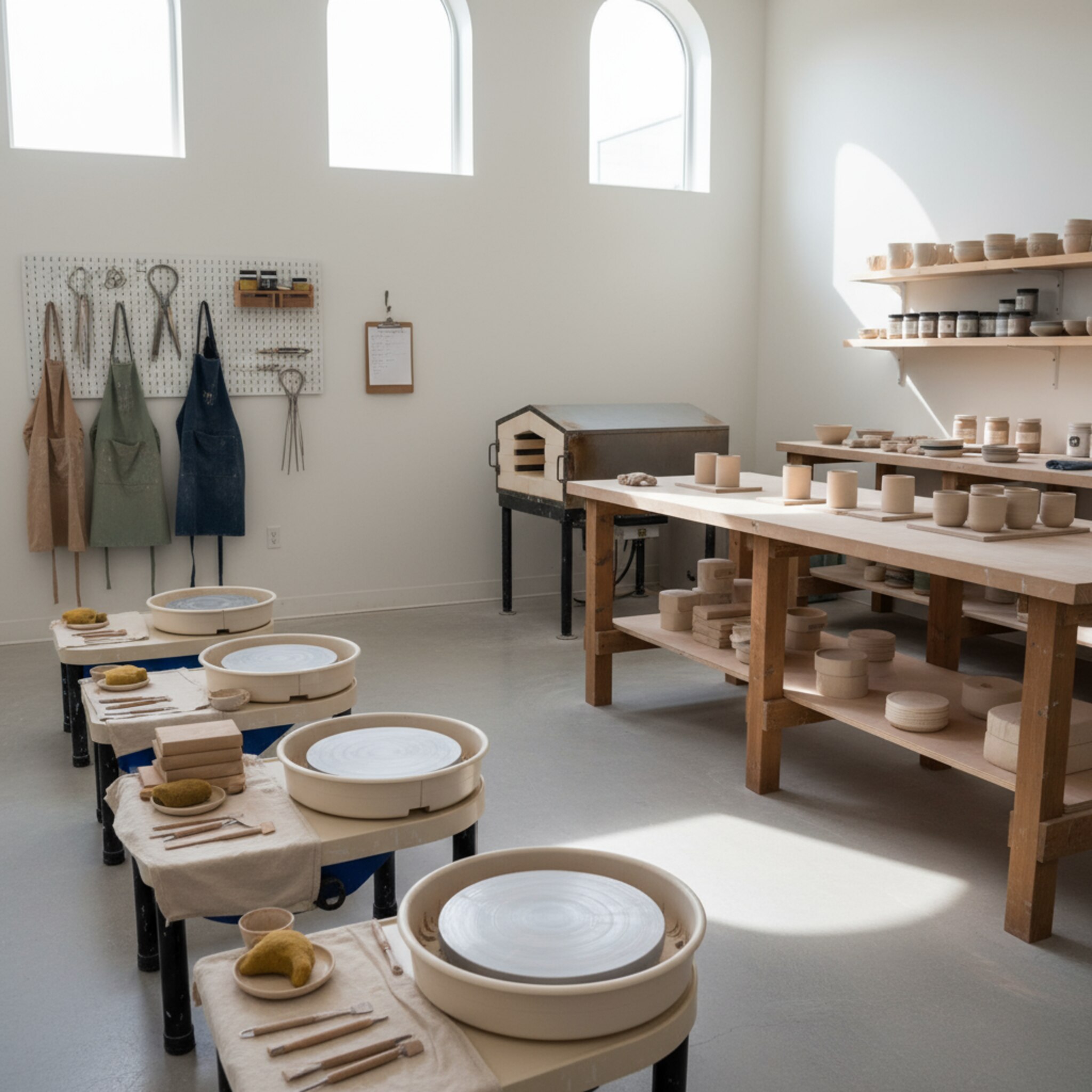 Ein ruhiger Morgen im Studio: leere Drehscheiben sind sauber ausgerichtet, daneben geölte Holztools. In der Ecke steht ein geschlossener Ofen, ein Klemmbrett mit Kursliste hängt an einem Haken. Das Licht ist weich und klar. Alles wirkt bereit, als ob der Ablauf exakt geplant wäre.