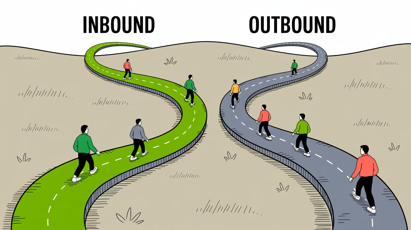 Visual comparison showing inbound sales path with prospects coming to you versus outbound sales path with reps reaching out first