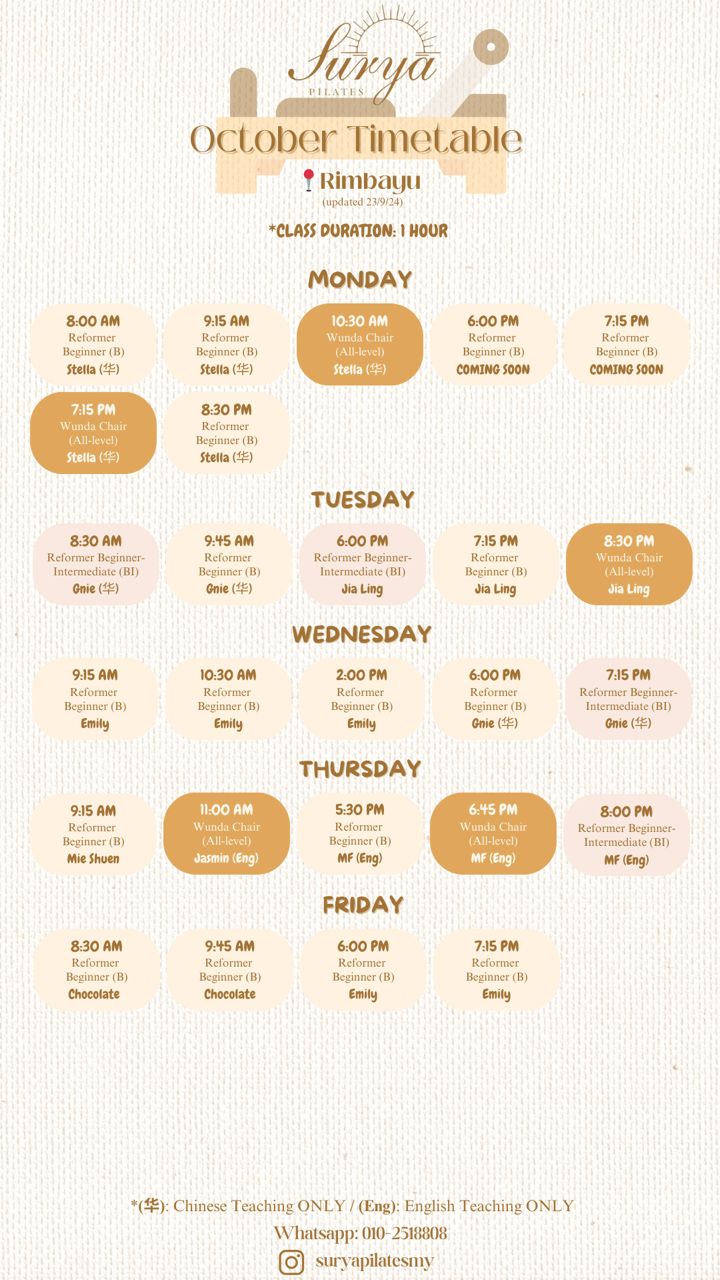 Surya Pilates RimBayu Schedule