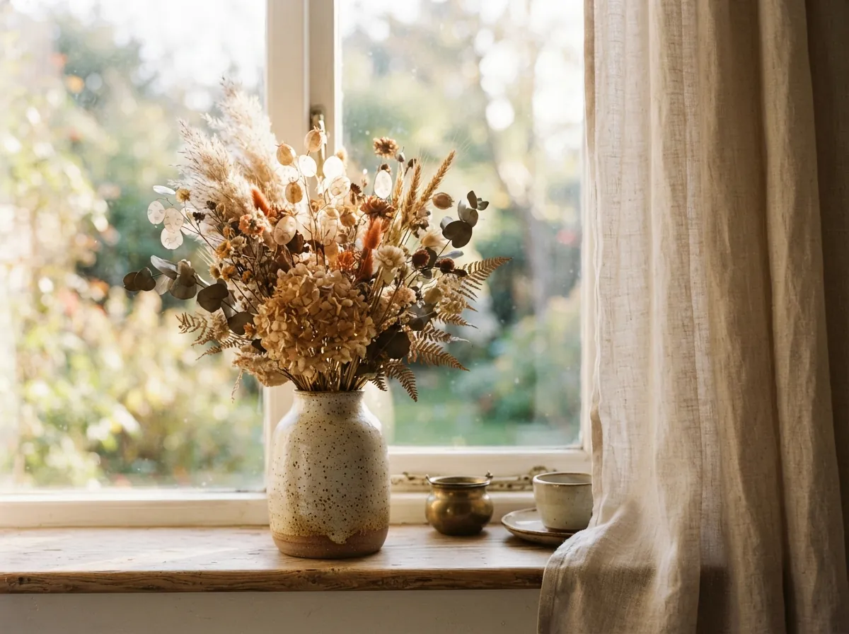 Dried flowers in a ceramic vase by a bright window
