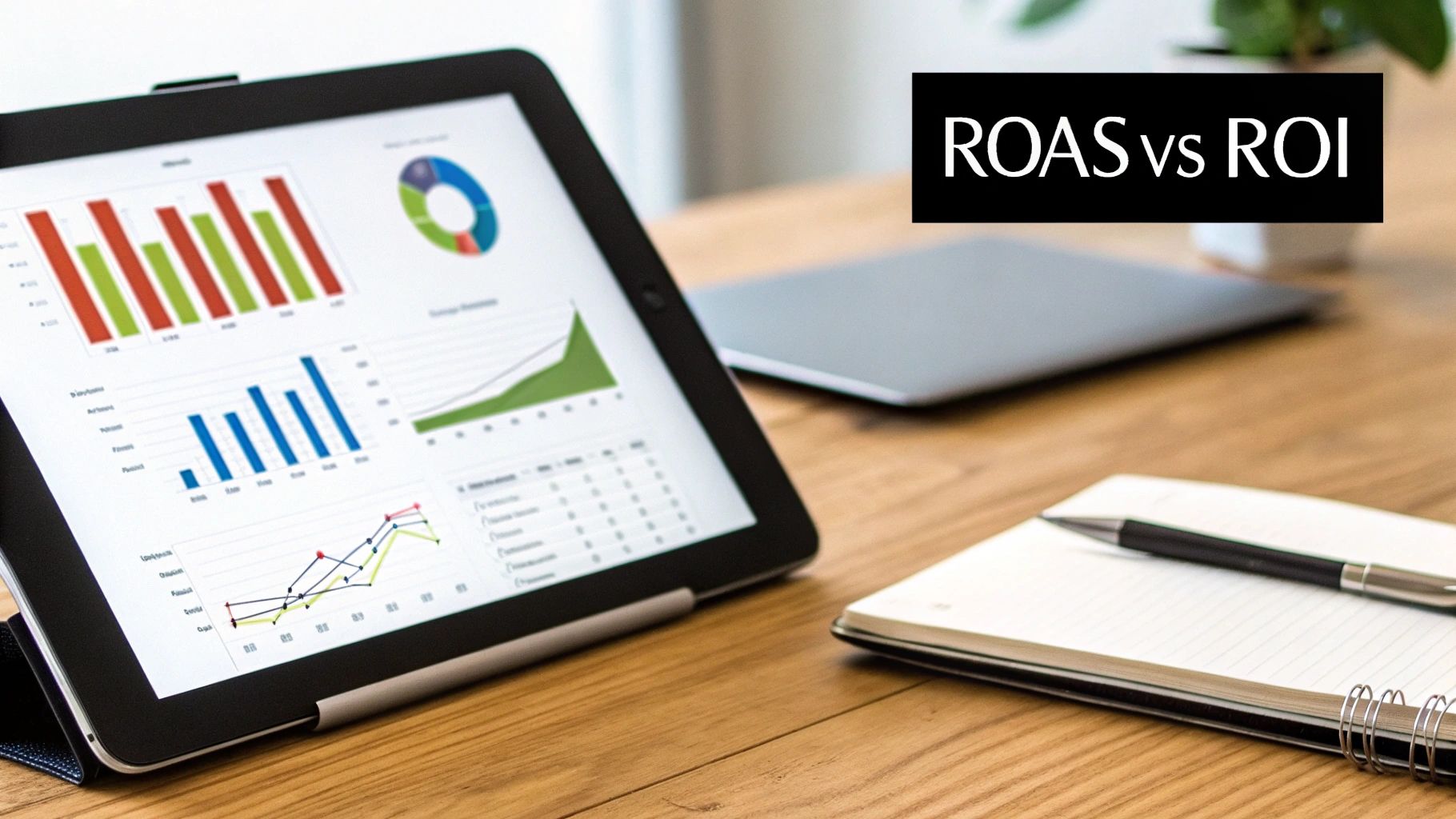 Tablet displaying financial charts comparing ROAS vs ROI metrics on a wooden desk with a notebook.