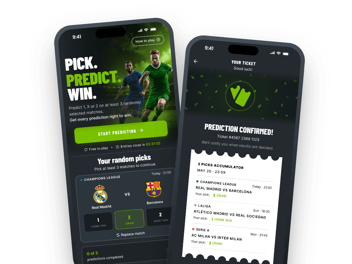 Sports prediction game: the entry screen with the first random match, and a confirmed ticket.