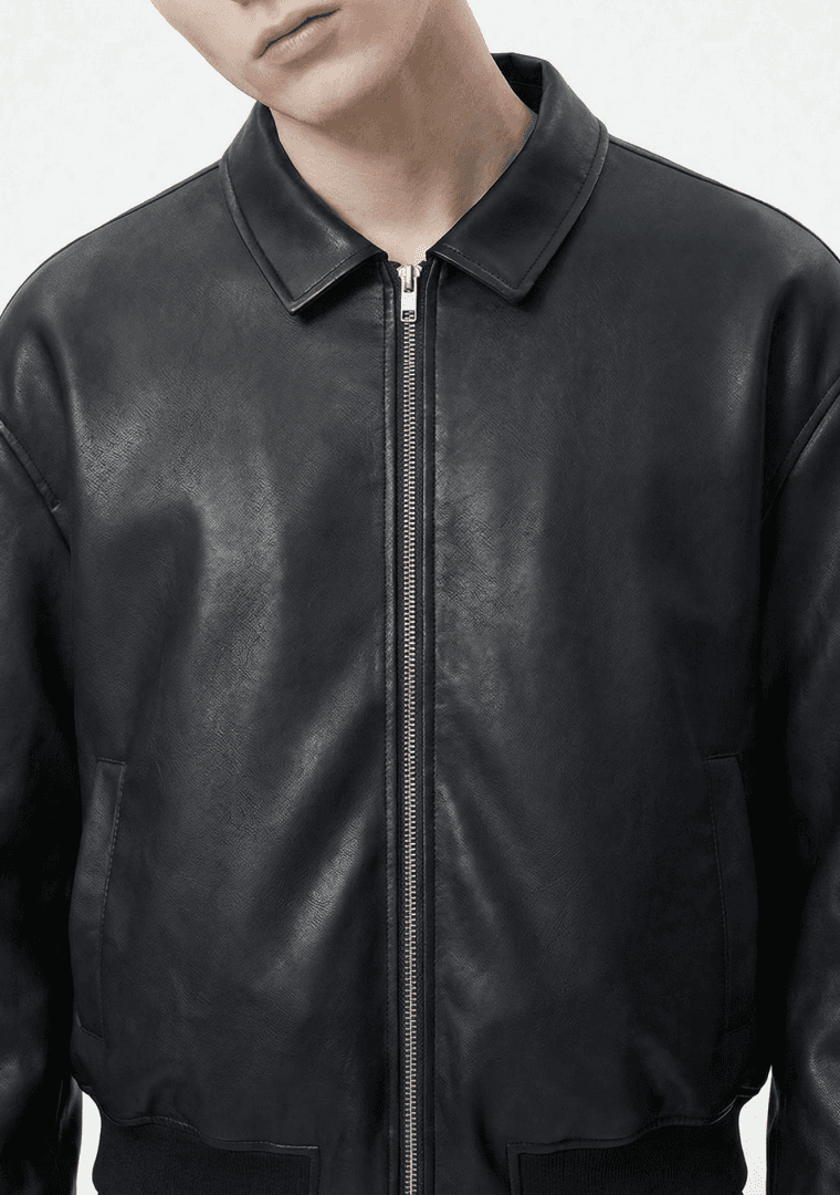 Black leather jacket close up look