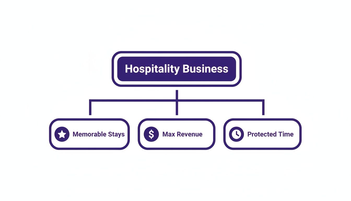 A diagram illustrating the three key pillars of a hospitality business: memorable stays, max revenue, and protected time.
