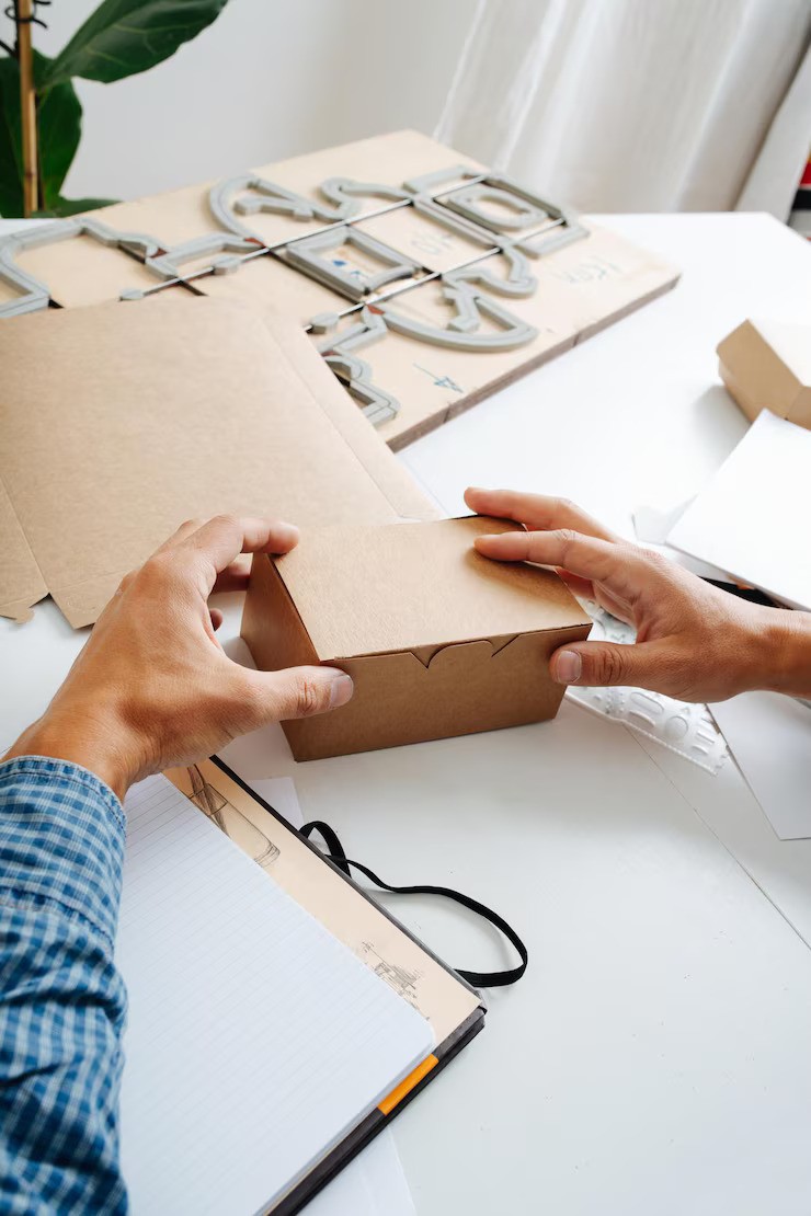 Designer reviewing packaging samples and materials