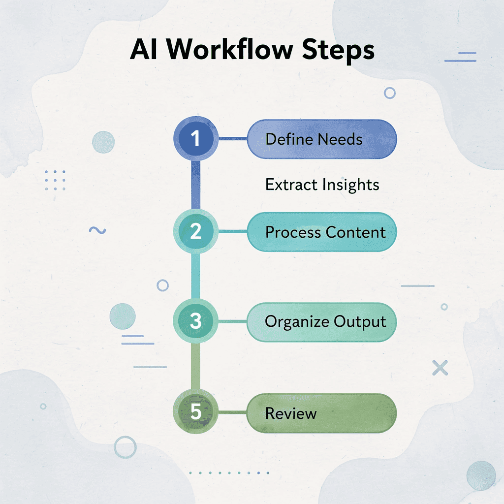 Numbered steps showing the 5-step AI workflow process