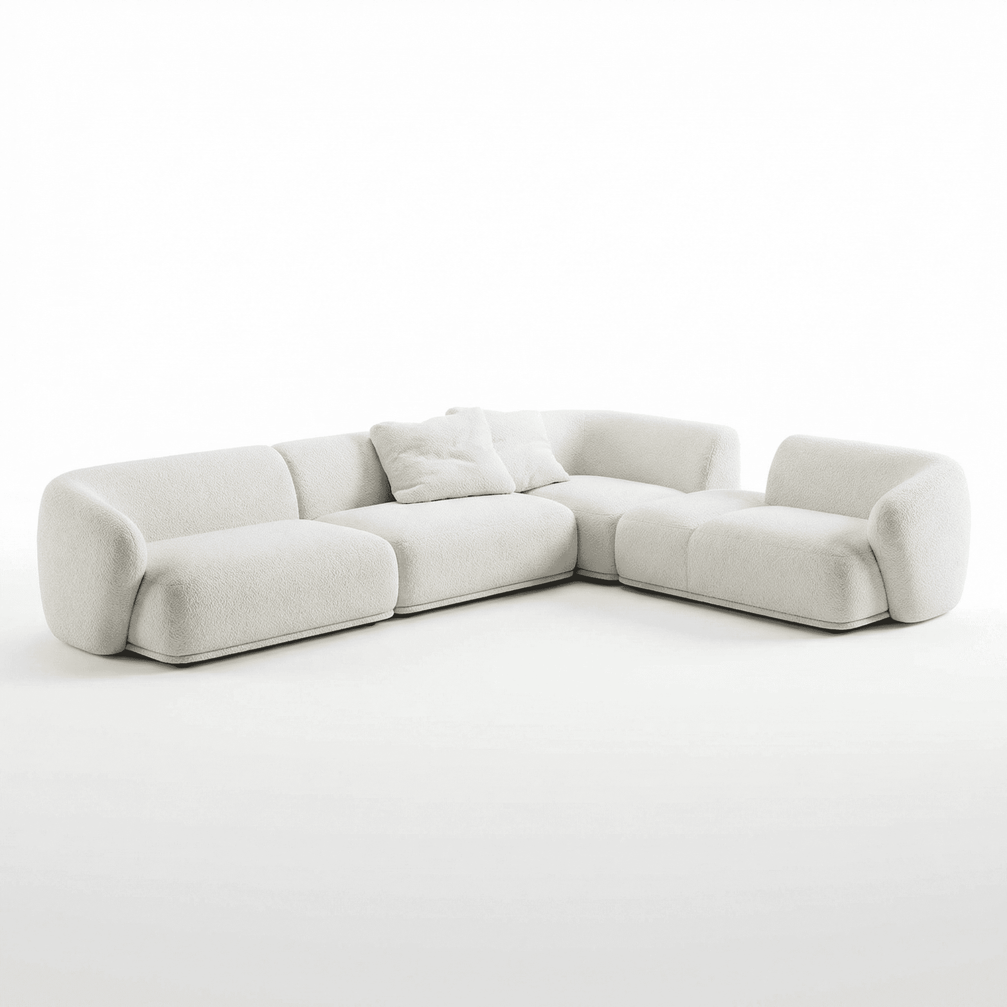 Mininalistic curved sectional sofa arranged in a soft contemporary living room