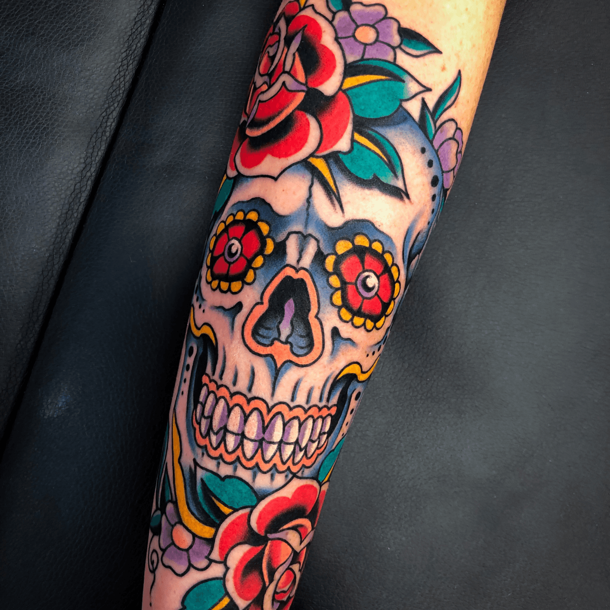 large color tattoo of a sugar skull