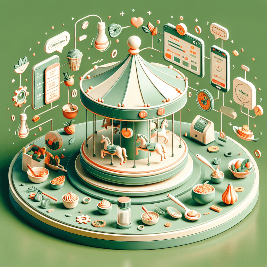Illustration eines nostalgischen Karussells im Zentrum einer digitalen Essenswelt. Rund um das Karussell sind vielfältige Lebensmittel wie Obst, Pasta, Gebäck und Gewürze angeordnet. Darüber schweben stilisierte Symbole für Rezepte, Apps, Einkaufsliste, Bewertungen und soziale Medien – verbunden durch digitale Linien und Icons. Die Szene verbindet traditionelles Kochen mit moderner Technologie und wirkt verspielt, farblich in Pastelltönen wie Mintgrün und Apricot gehalten.