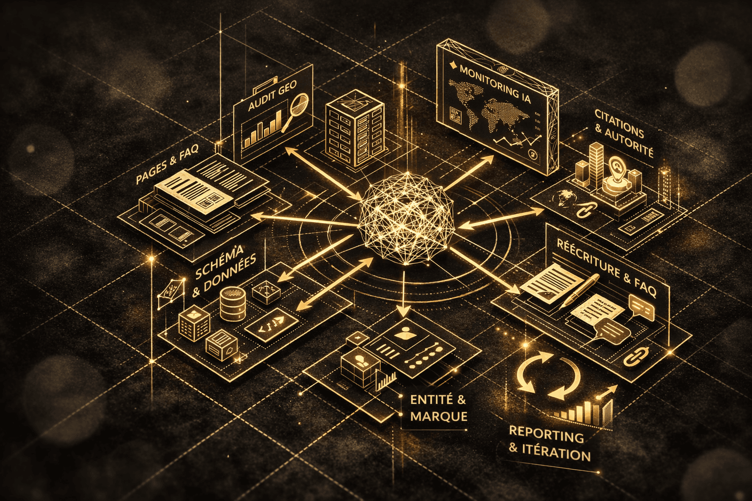 Illustration des services d’une prestation GEO en 2026 incluant audit, optimisation de contenu, FAQ, schema, autorité externe, monitoring IA et reporting