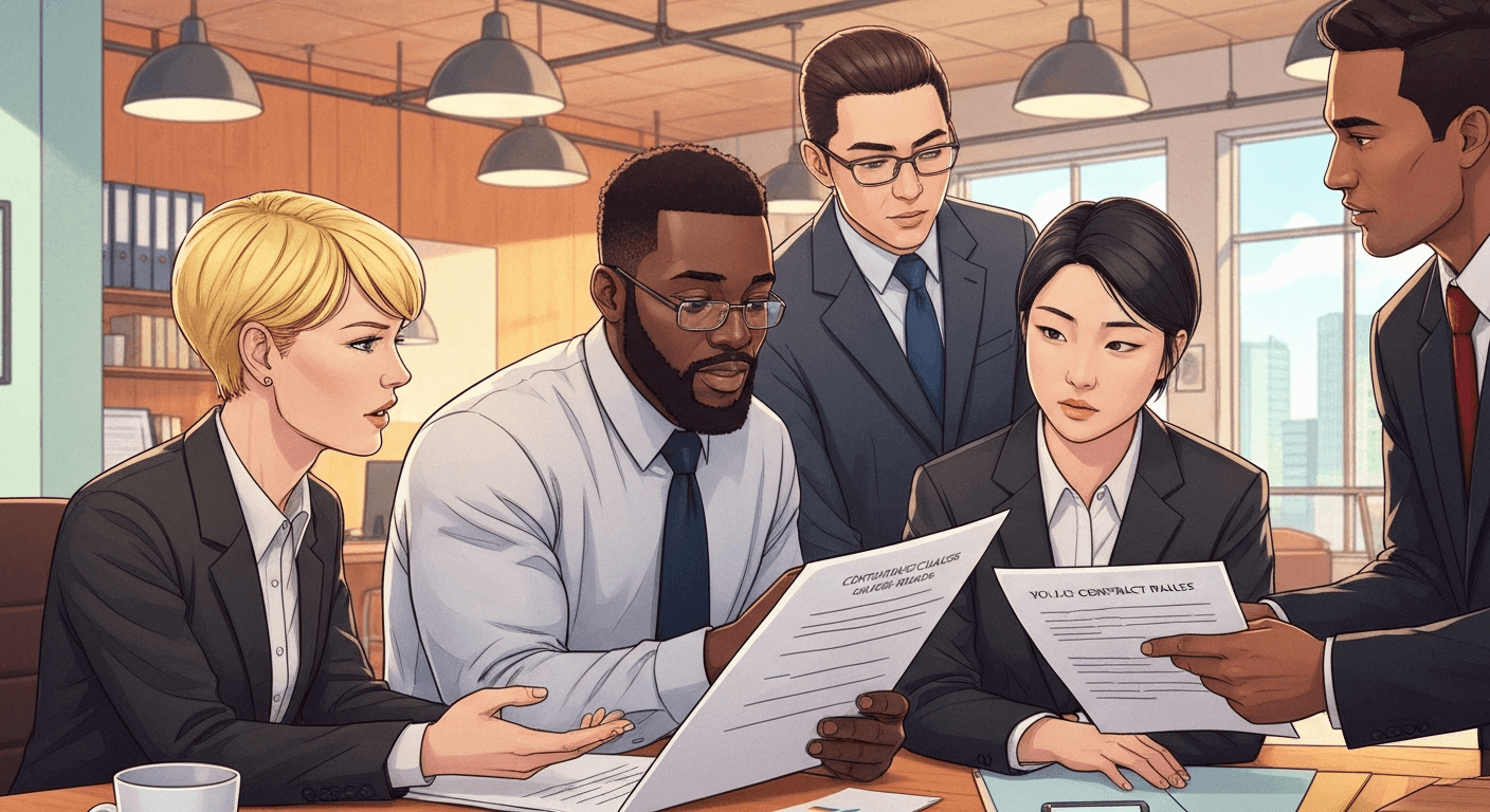 Team discussing contract clauses