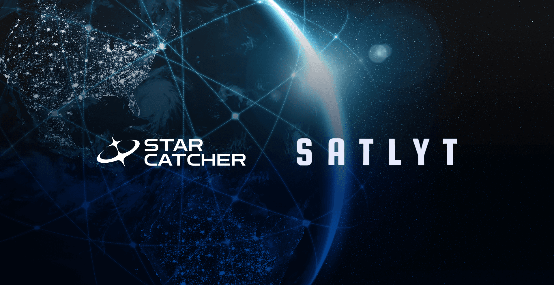 Artistic representation of space data network with Star Catcher and Satlyt logos