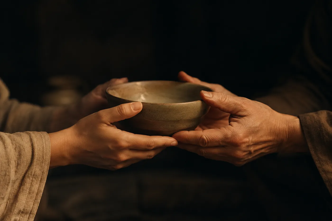 Two hands passing a small bowl to each other, symbolizing giving