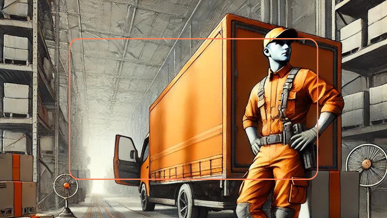 Illustration of a delivery worker standing confidently beside a truck in a warehouse