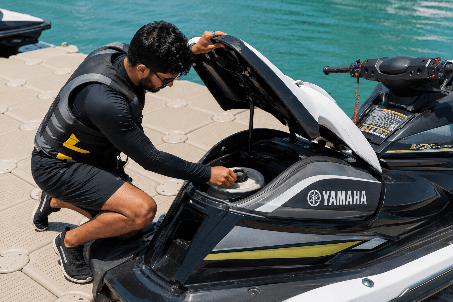 Person doing fuel checks on a Yamaha jet ski before taking it out for a cruise.