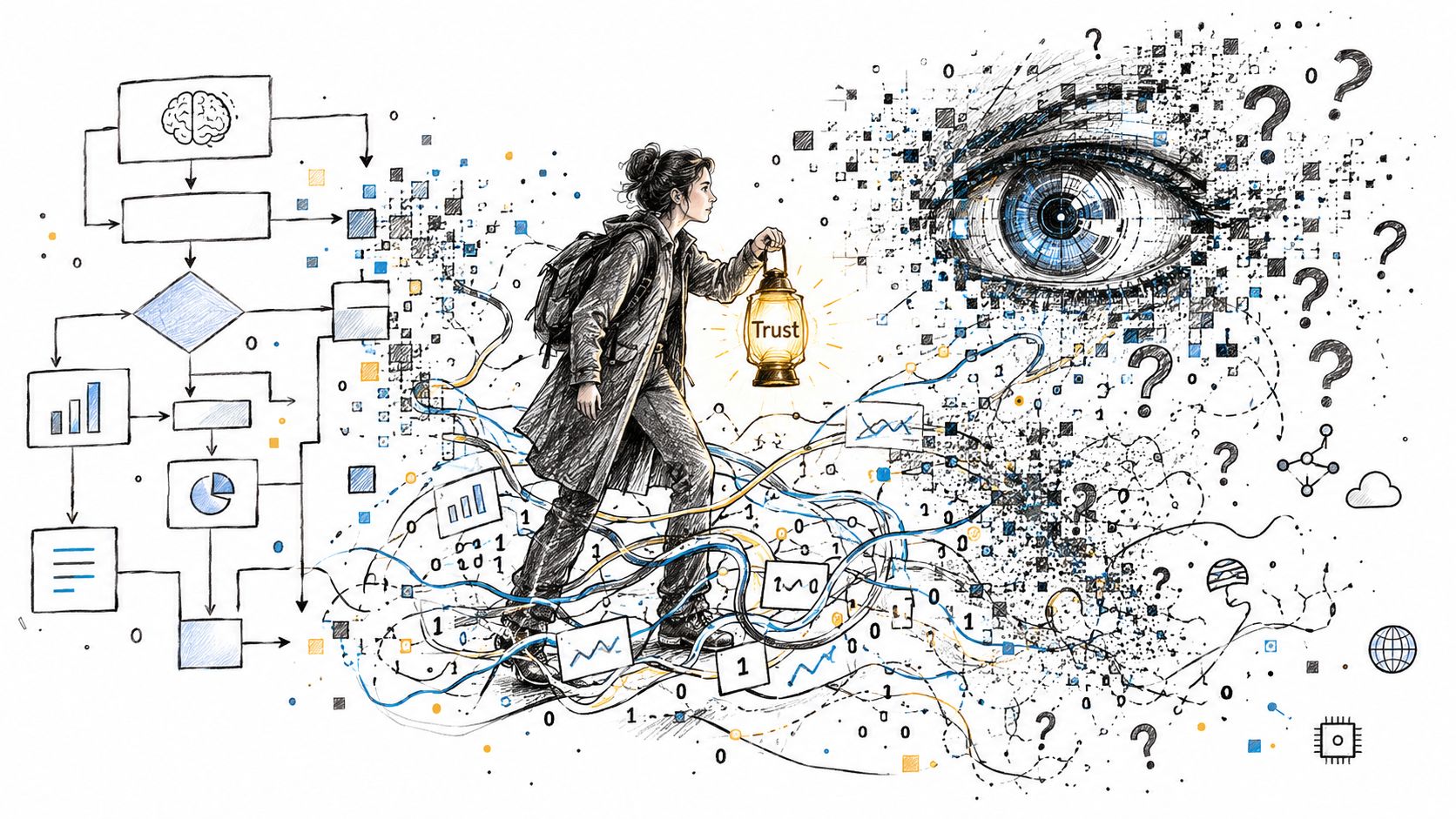 A person holding a lantern labeled Trust navigating through complex digital data structures, charts, and question marks.