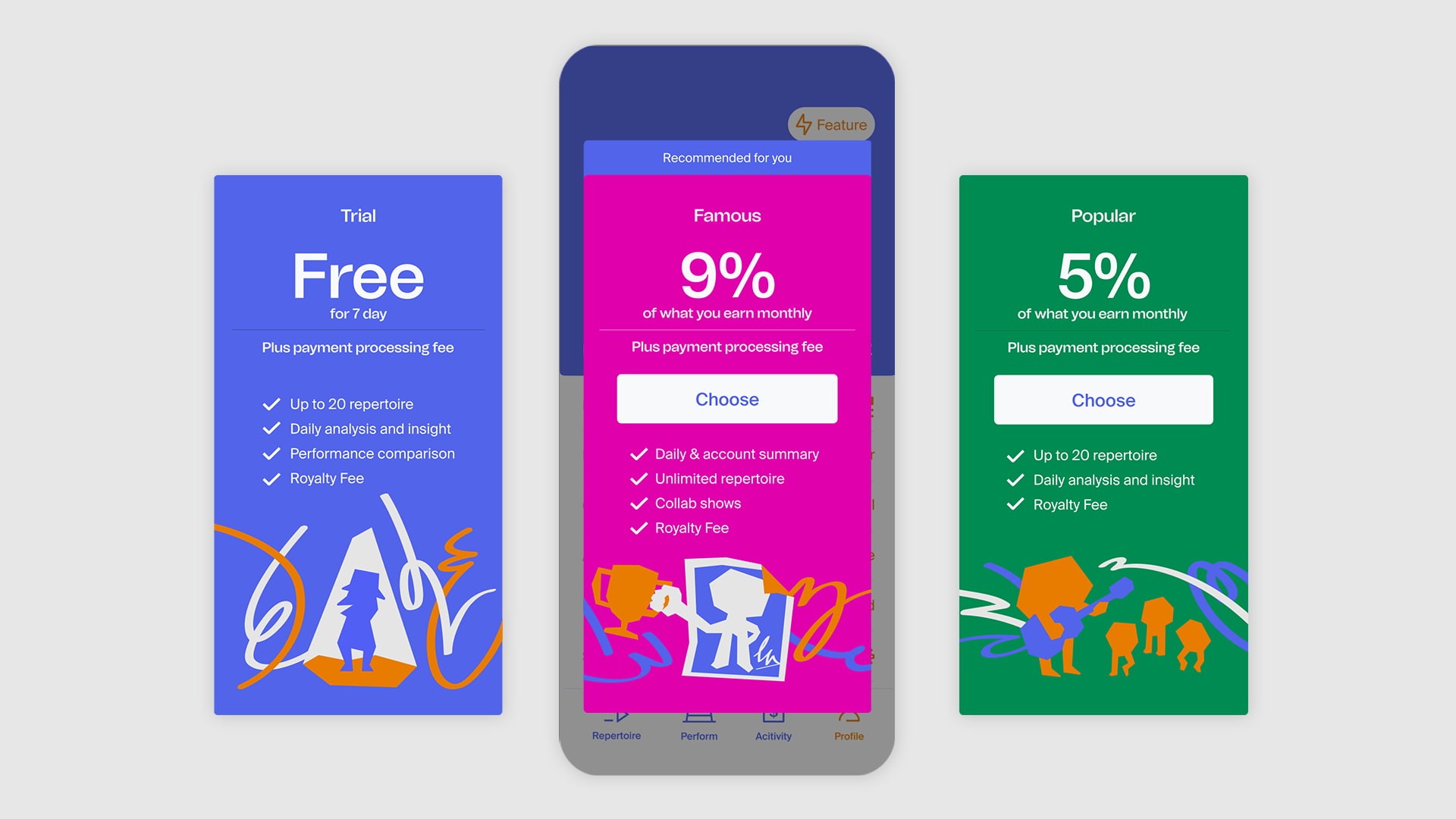 The image displays three mobile app screens showcasing different payment processing plans. On the left, a blue screen advertises a “Trial” plan offering “Free for 7 days” with additional features like “Up to 20 repertoire,” “Daily analysis and insight,” and “Performance comparison,” along with a “Royalty Fee.” In the center, a pink screen highlights a “Famous” plan at 9% monthly earnings, offering “Daily & account summary,” “Unlimited repertoire,” “Collab shows,” and “Royalty Fee.” On the right, a green screen displays a “Popular” plan at 5% monthly earnings, listing “Up to 20 repertoire,” “Daily analysis and insight,” and “Royalty Fee.” All plans include checkboxes for selection and icons for additional features.