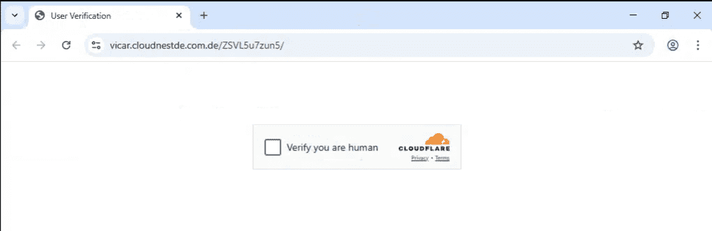 Ein Webbrowser-Fenster, das eine Seite zur Benutzerverifizierung anzeigt. Es gibt ein Kontrollkästchen mit der Aufschrift 'Verify you are human' und ein Cloudflare-Logo in der unteren rechten Ecke.