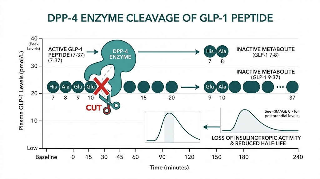 DPP-4 enzyme mechanism diagram showing GLP-1 cleavage from active to inactive form