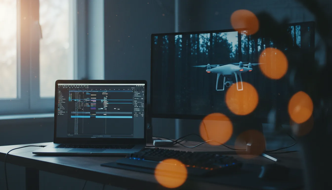 DSLR photo of a video editor's desk setup in a dark, moody room. An open silver laptop displays the Adobe After Effects dark mode interface with a video timeline and abstracted UI elements. Next to it, a large monitor shows a high-resolution video of a white quadcopter drone hovering against a dark forest background. The scene has a shallow depth of field, with the dark silhouette of a houseplant in the foreground creating large, warm circular bokeh. The main light sources are the glowing screens and soft natural daylight from a bright, out-of-focus window.