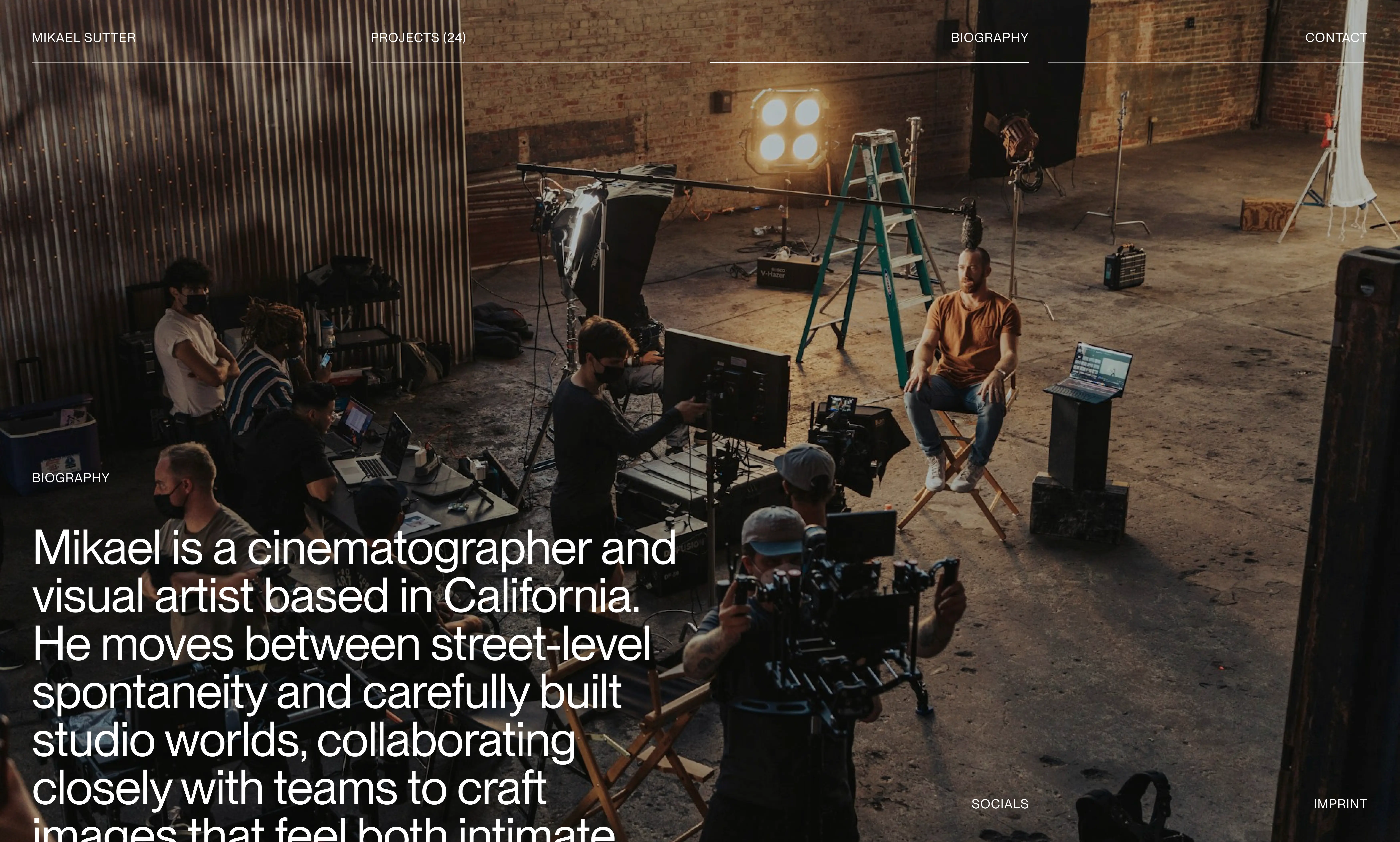 Mikael Sutter cinematographer site with a film-set photo and a biography introducing him as a California-based cinematographer and visual artist.
