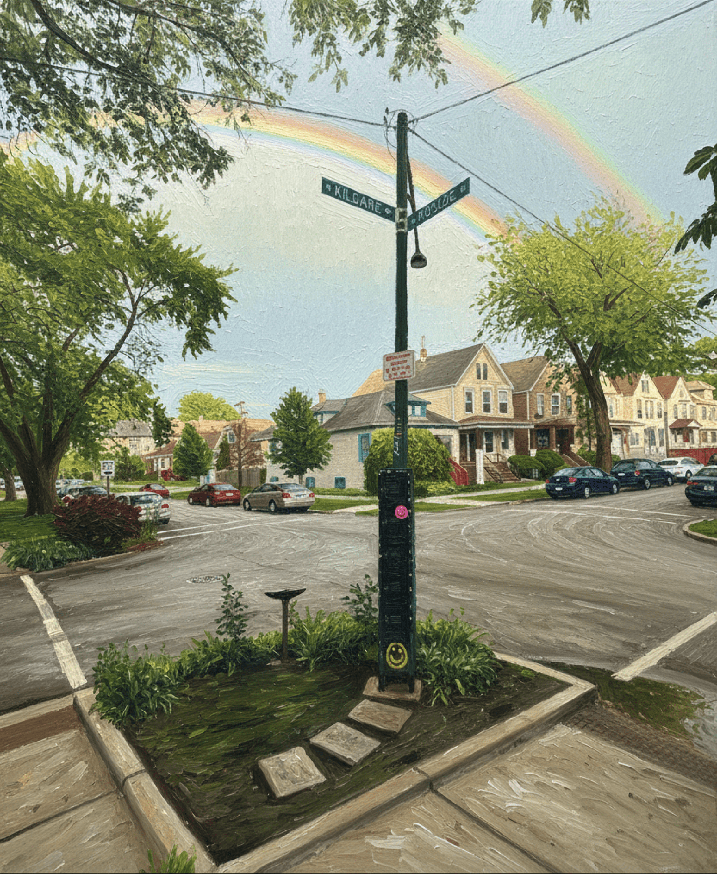 Suburban neighborhood corner with cross streets kildare and roscoe in the style of an oil pastel.