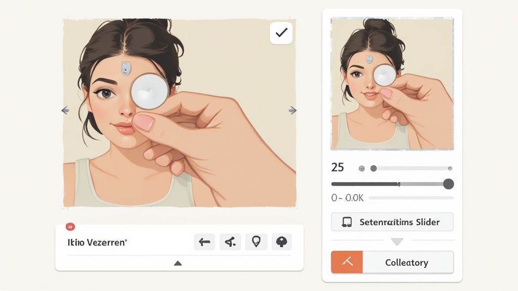Frau demonstriert die Verwendung von Wattepads zur Gesichtspflege mit Bearbeitungswerkzeugen im Interface