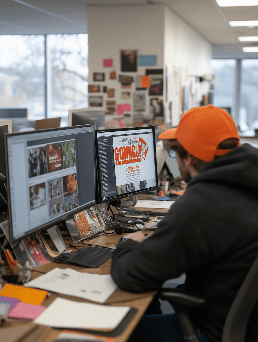 A person wearing an orange hat works at a desk with multiple computer monitors in a modern office setting.