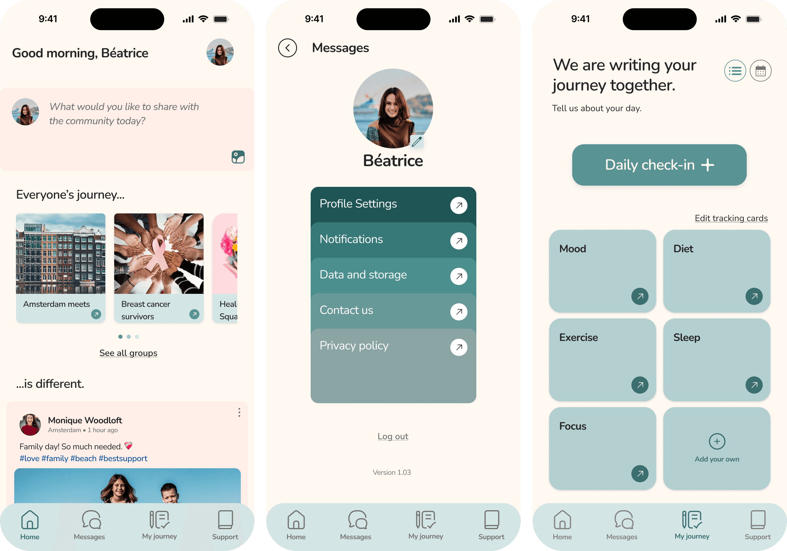 Three WellNest screens: home feed, profile settings, and daily check-in.