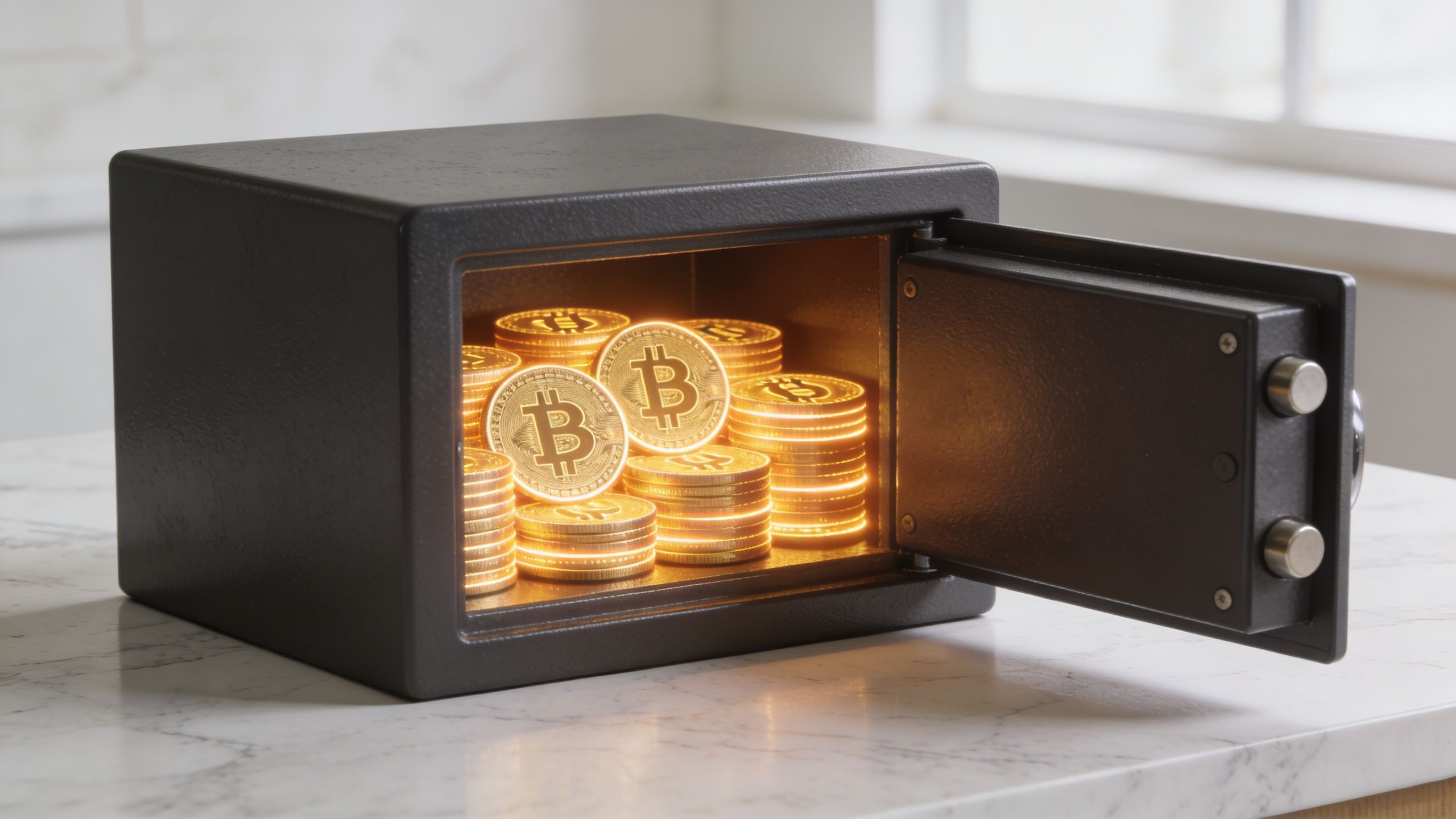 A black security safe on a marble surface containing stacks of glowing gold Bitcoin coins.