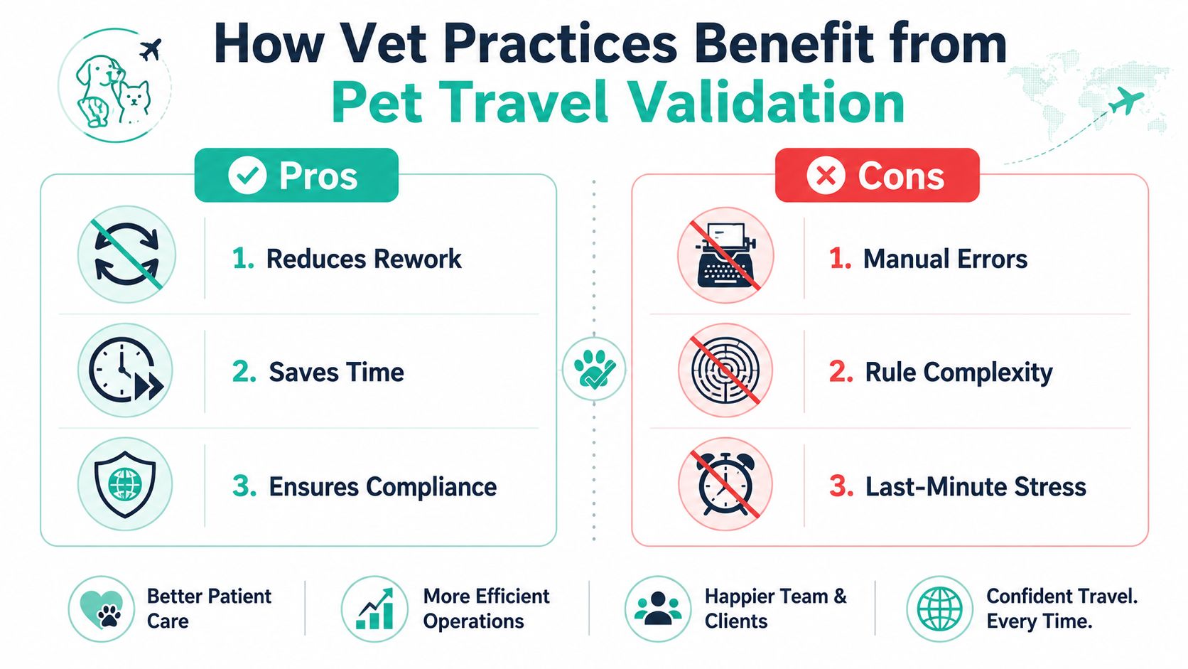 An infographic comparing the pros and cons of pet travel validation for veterinary practices and patient care.