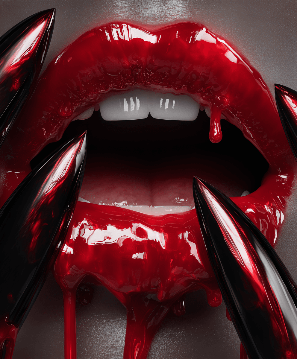 Glossy red dripping lips, white teeth, and sharp black and red claws in a dramatic beauty shot.