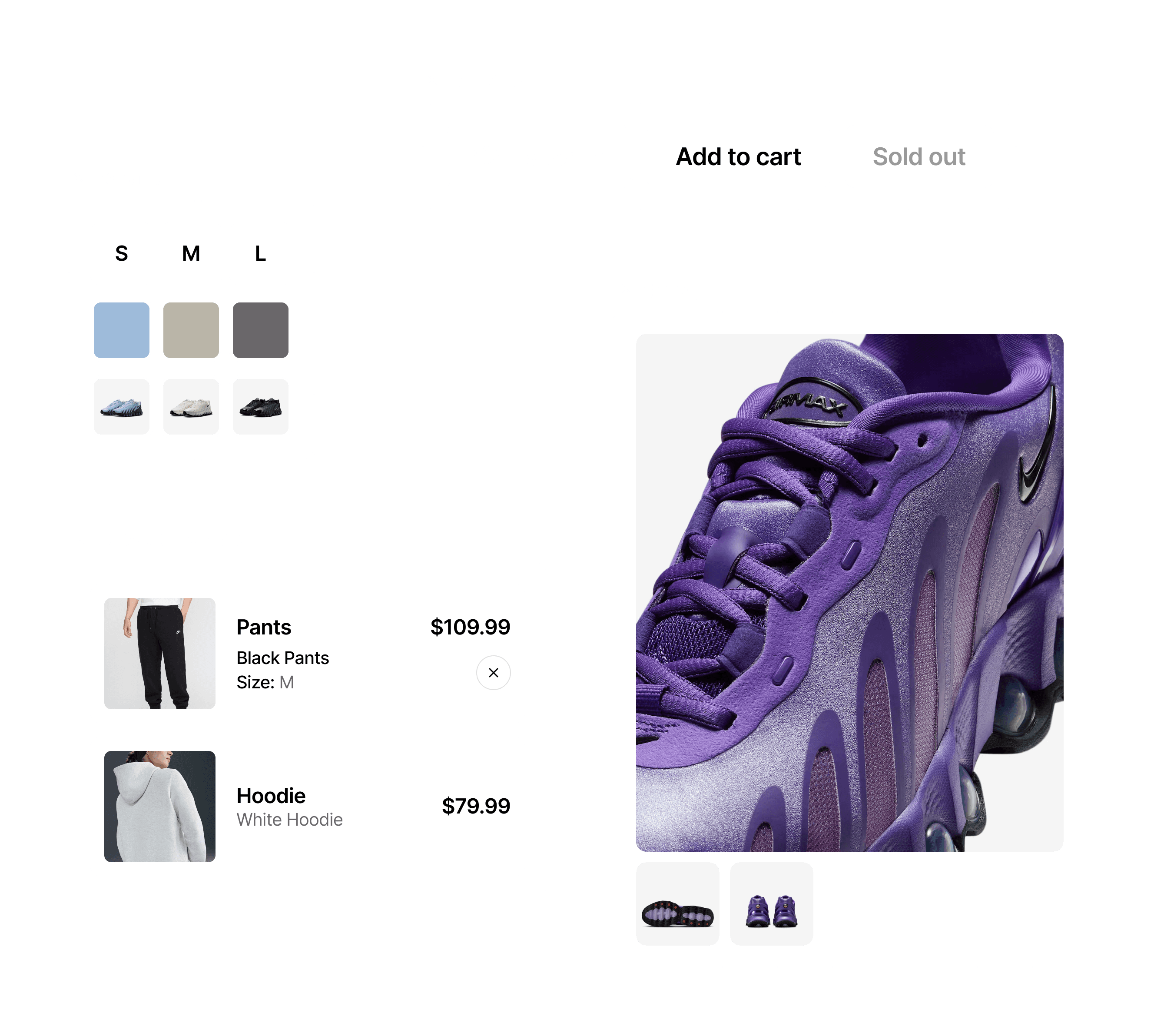 Modular Framer e-commerce components showing product variant selectors, image gallery, and "Add to cart" checkout button.