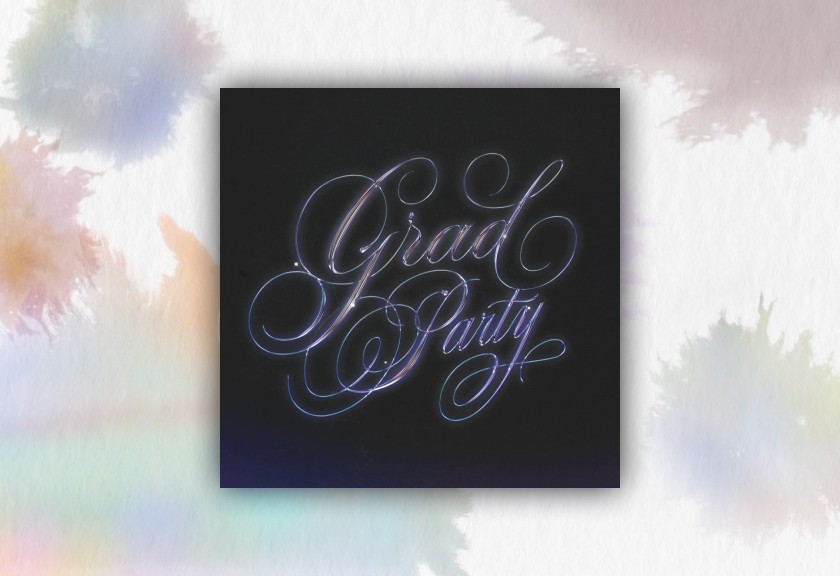 A formal, cursive "Grad Party" in glowing white script on a black square, surrounded by soft pastel watercolor splotches.