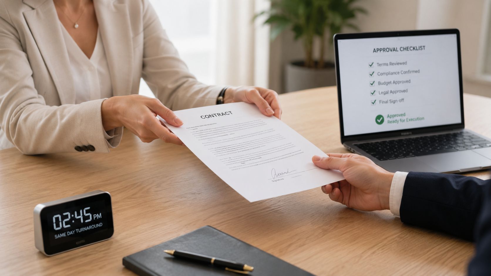 A professional business person handing a signed contract to another person across a wooden office desk.