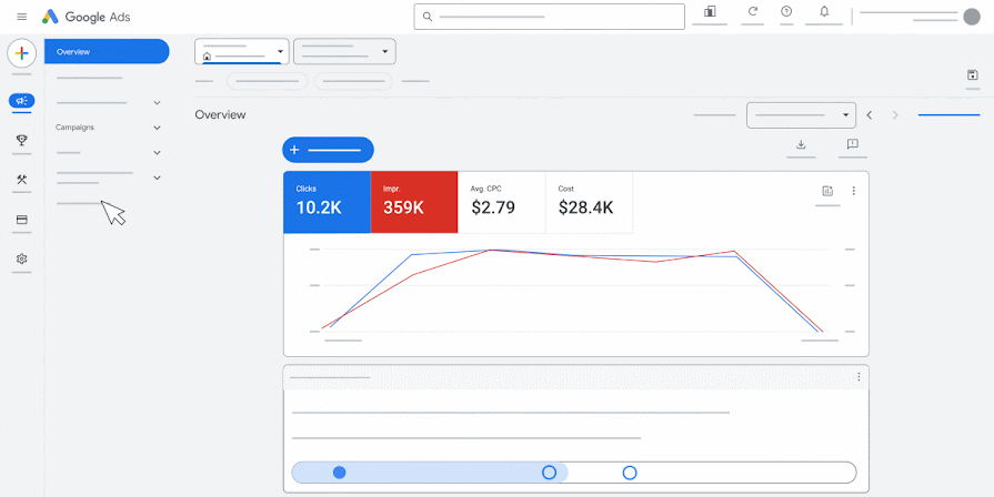Google Ads campaign table with the cursor opening the Settings tab for the listed campaigns