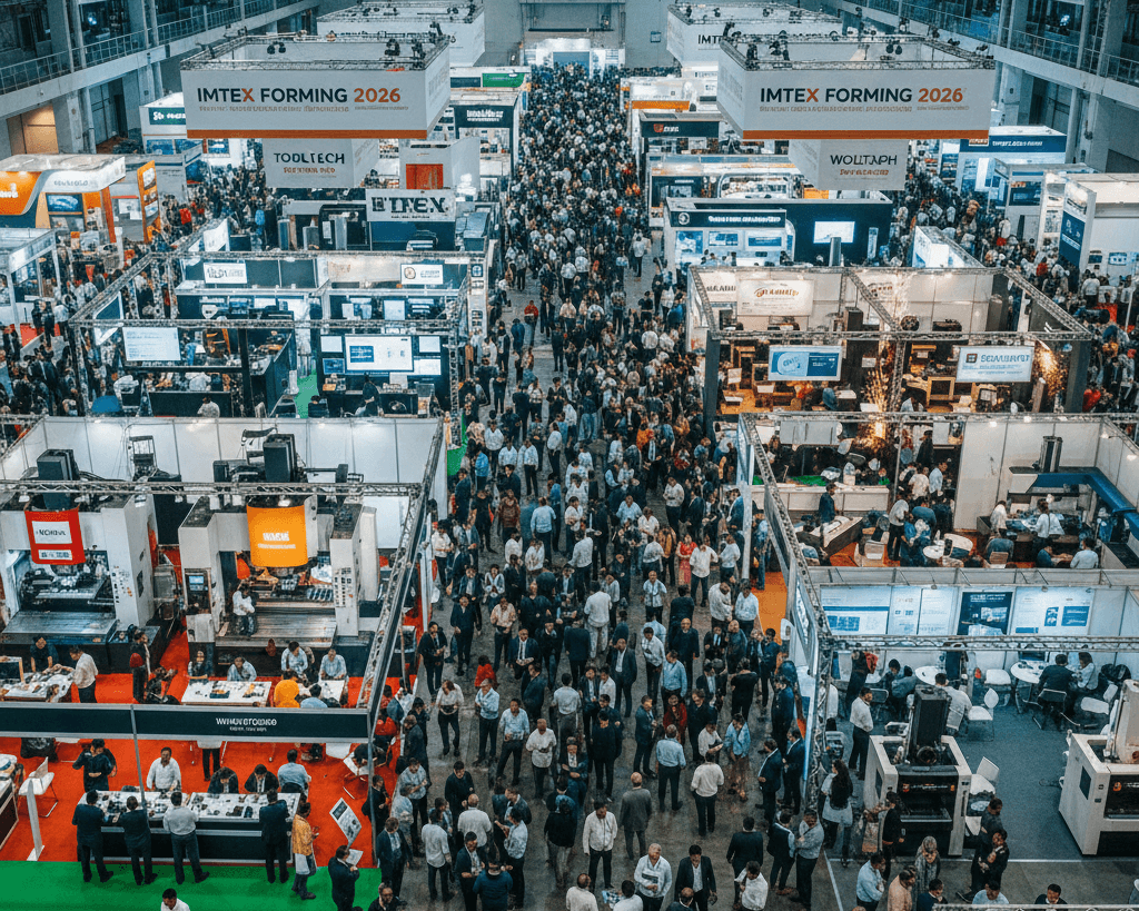 Bangalore International Exhibition Centre's 4 massive halls packed with 50,000 engineers at IMTEX FORMING 2026, live CNC forming presses whirring amid sparks from Weldexpo lasers, crowded aisles with Tooltech CAD/CAM stations and Digital Manufacturing 3D printers, 46,000 sqm vibrant chaos under Bengaluru lights, photorealistic trade show aerial, 600+ global exhibitors visible.