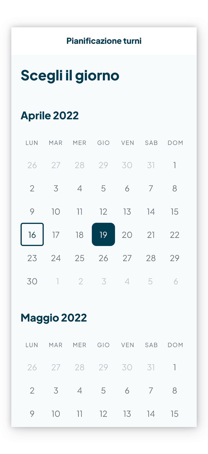 Schermata del calendario di Fluida per organizzare i turni e selezionare il turno desiderato per ciascun dipendente