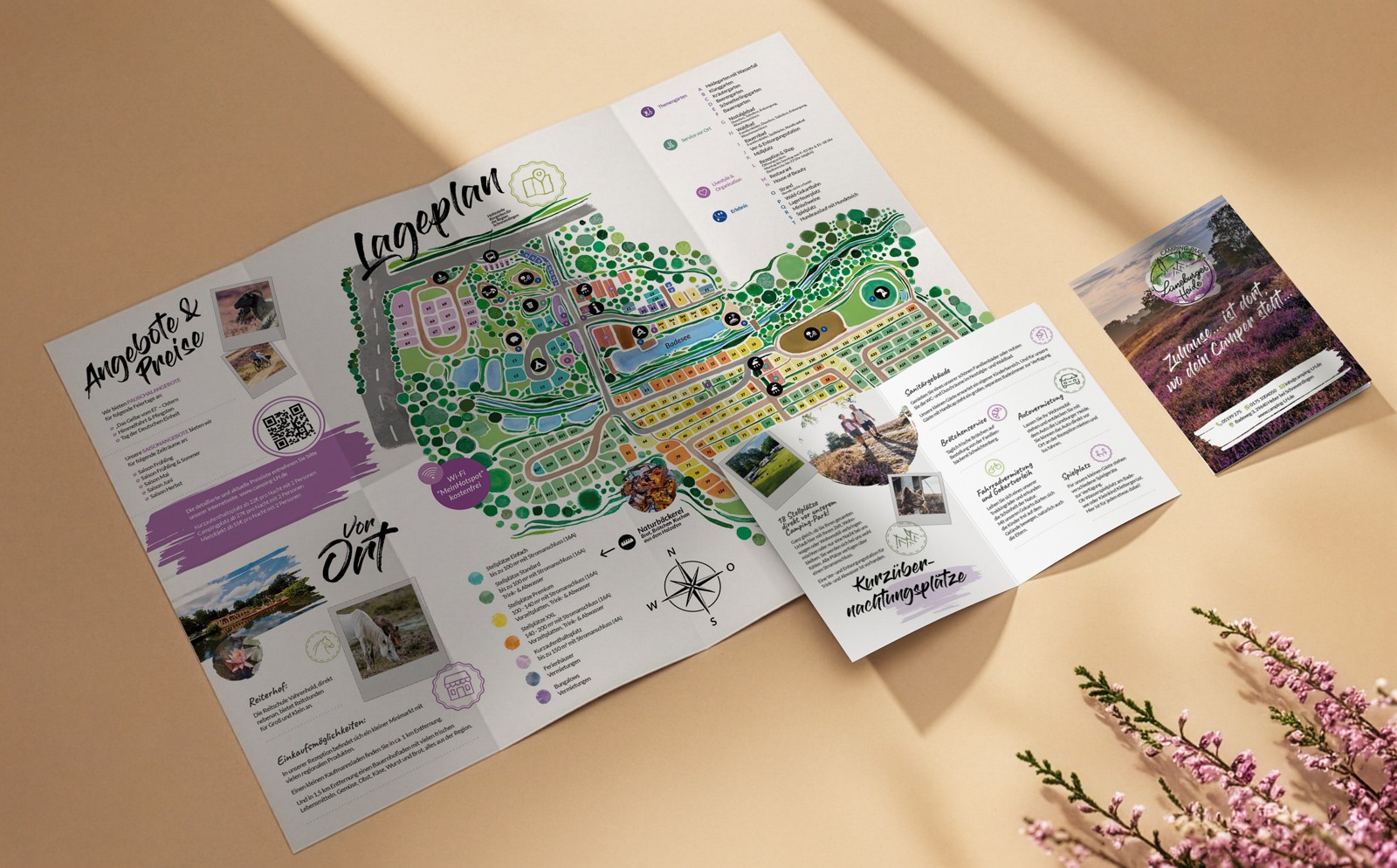 Campingpark-Katalog in verschiedenen Ansichten: zugeklapptes A5 mit Titel, aufgeschlagene Doppelseite mit Highlights und komplett aufgeklapptes A3 mit Lageplan und weiteren Park-Highlights. Das Bild zeigt den Katalog auf beigem Untergrund mit einem Heidezweig in der linken unteren Ecke.