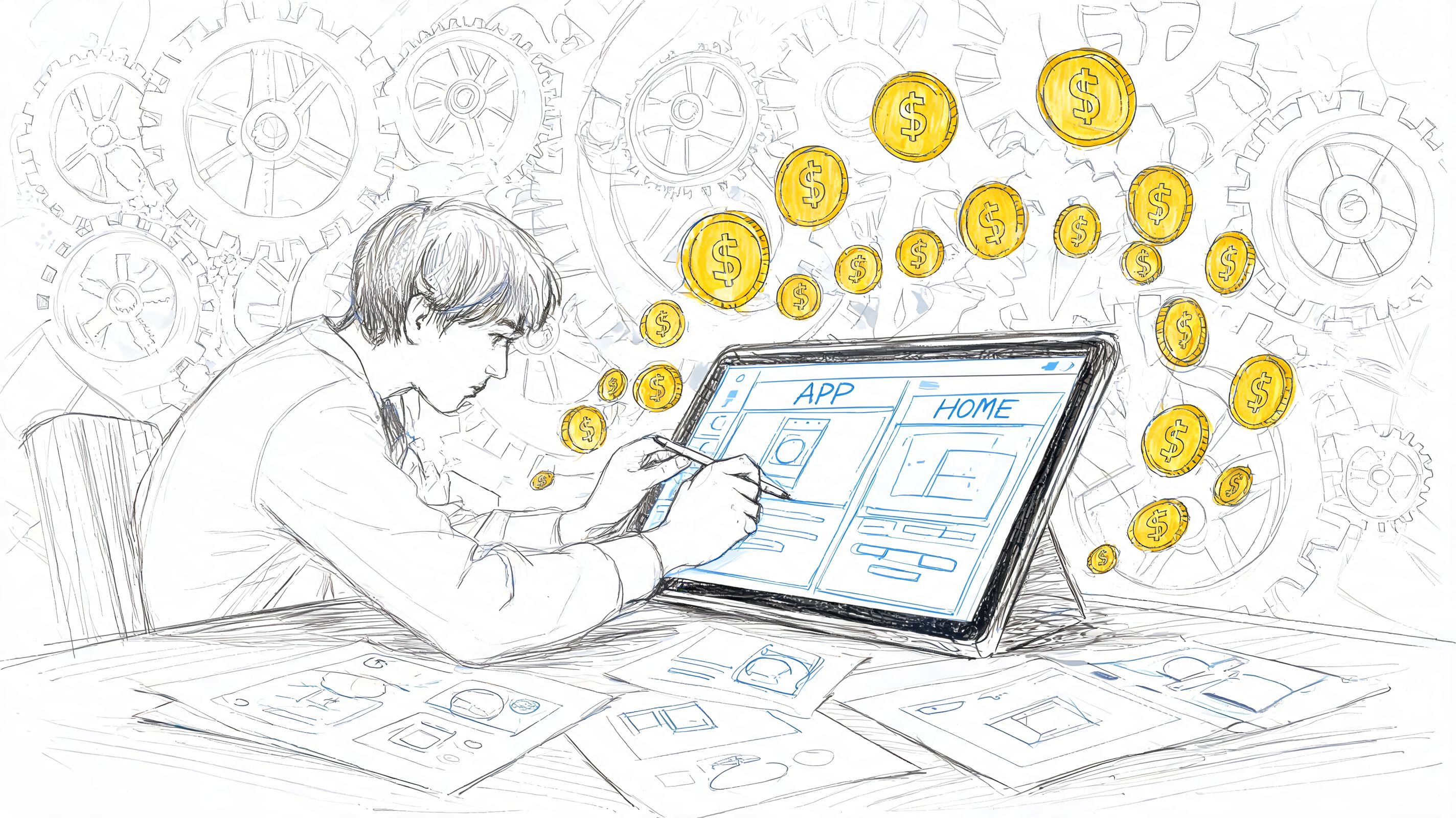 A designer sketching mobile app wireframes on a tablet while yellow dollar coins float around them.