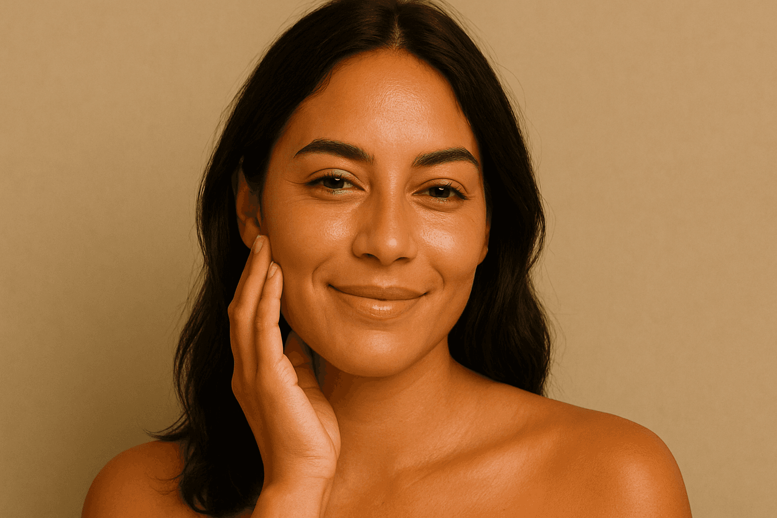 Close-up portrait of a young woman with green eyes, natural makeup, and dark hair, gently touching her face, against a neutral beige background