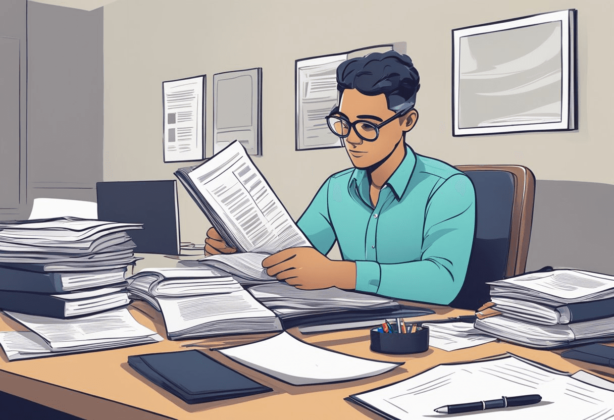 A desk cluttered with resumes, a magnifying glass, and a guidebook. A HR professional scrutinizing a CV with a focused expression