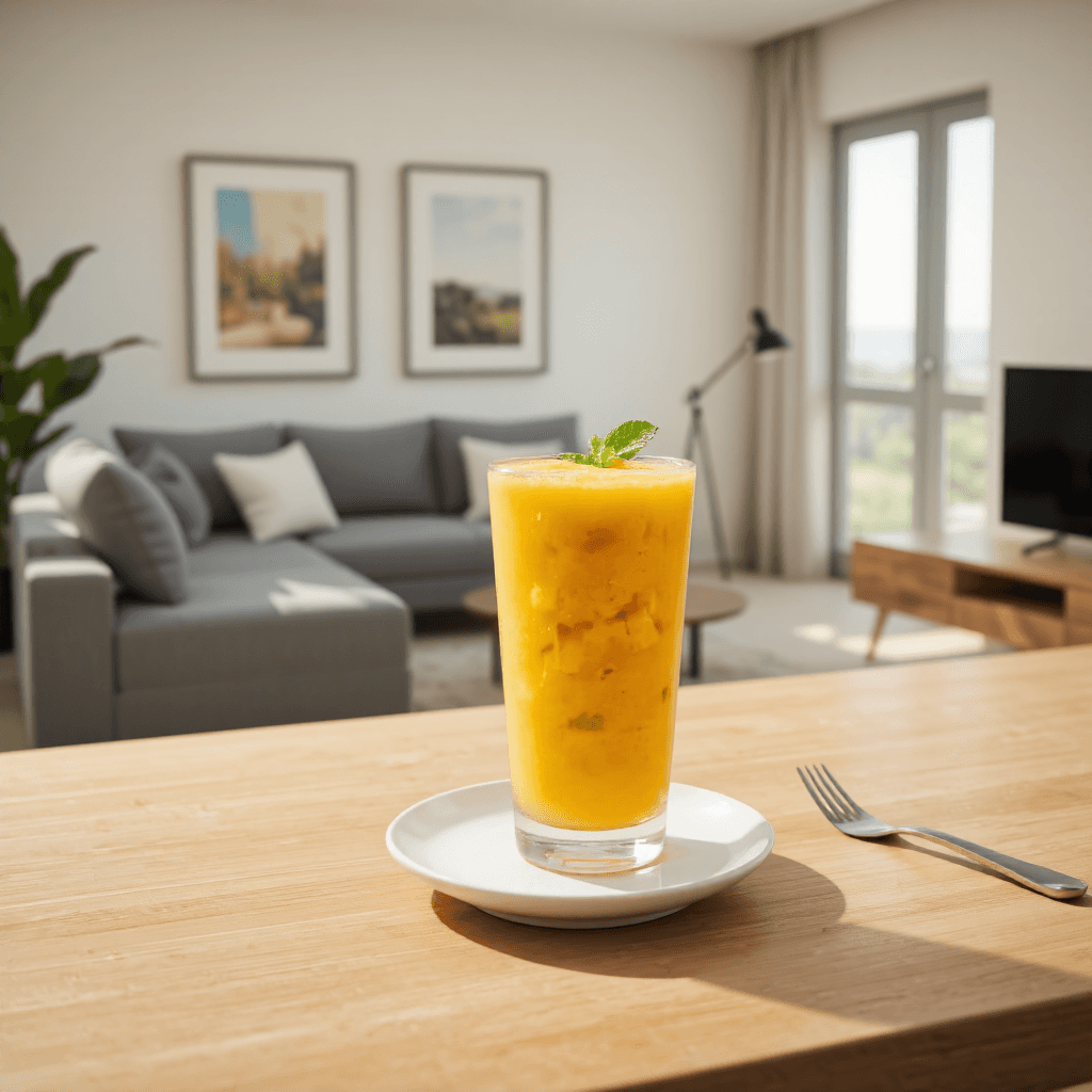 product photography of a glass of mango smoothie