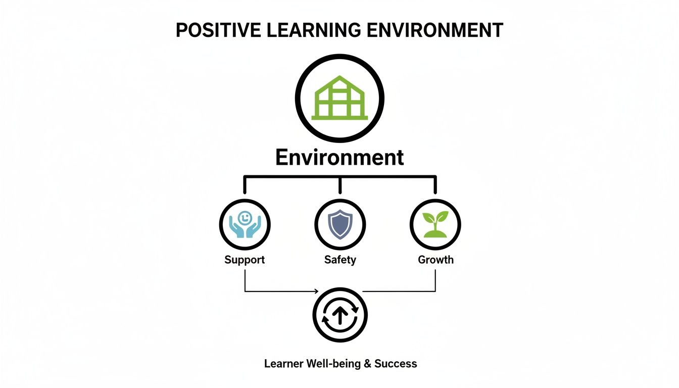 Diagram illustrating a positive learning environment, showing support, safety, and growth leading to learner well-being and success.