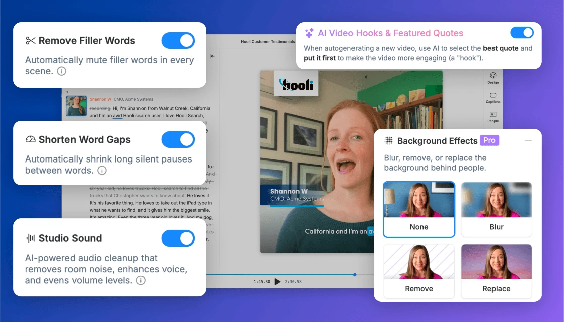 Remove filler words, shorten word gaps, Studio Sound and background effects