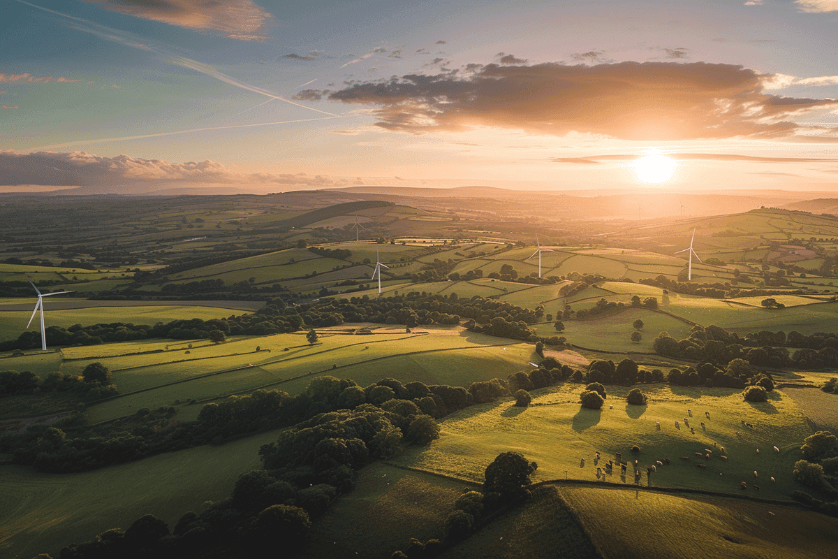 The rolling hills of Herefordshire at sunset with fields, trees and wind turbines in the distance