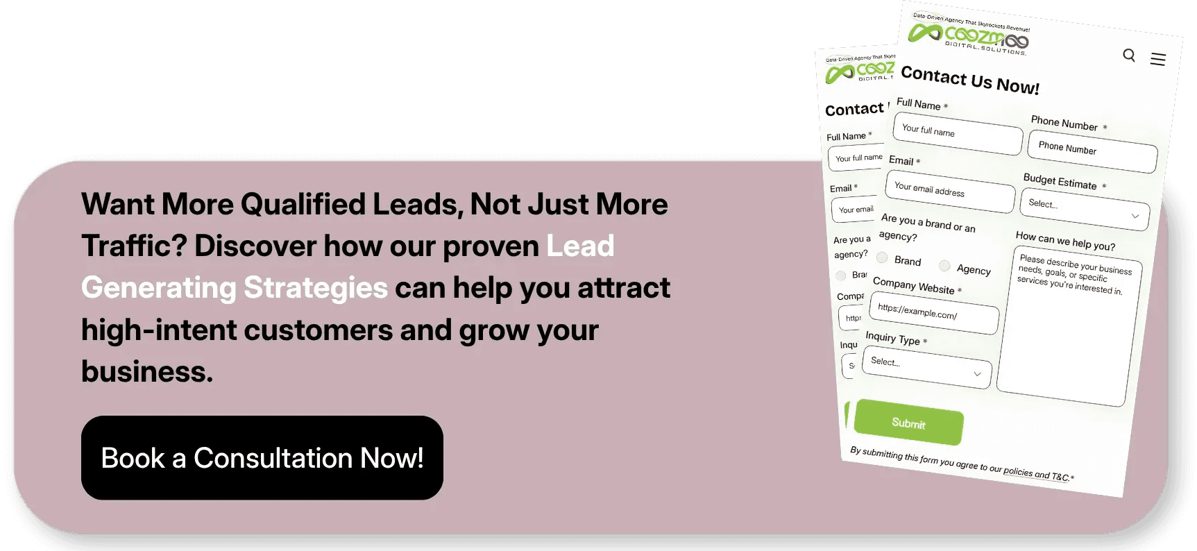 Lead generation consultation banner with contact form encouraging businesses to attract more qualified leads.
