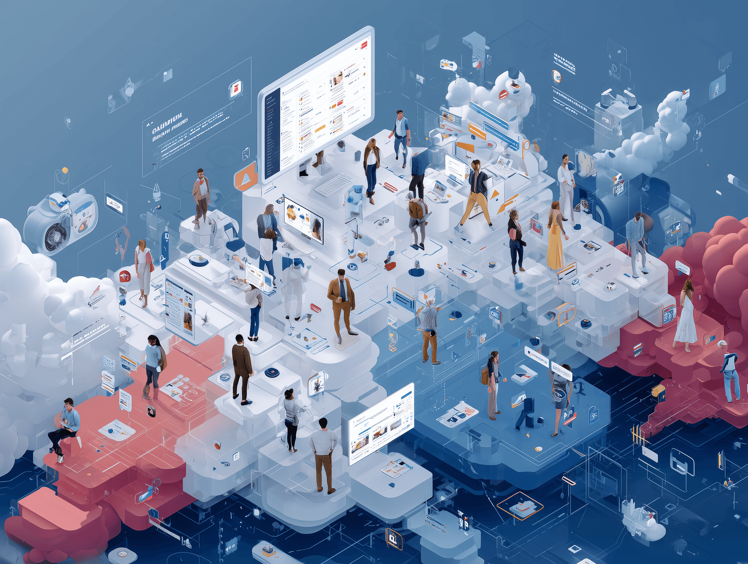 Modern workspace with abstract flowing connections between digital elements and AI agents